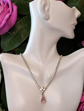 Pink Teardrop Pendant Necklace with Clear Rhinestone Chain